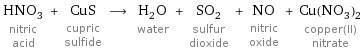 HNO_3 nitric acid + CuS cupric sulfide ⟶ H_2O water + SO_2 sulfur dioxide + NO nitric oxide + Cu(NO_3)_2 copper(II) nitrate