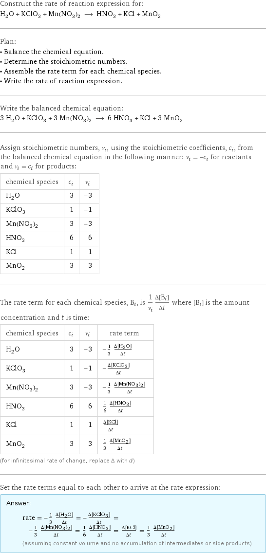 Construct the rate of reaction expression for: H_2O + KClO_3 + Mn(NO_3)_2 ⟶ HNO_3 + KCl + MnO_2 Plan: • Balance the chemical equation. • Determine the stoichiometric numbers. • Assemble the rate term for each chemical species. • Write the rate of reaction expression. Write the balanced chemical equation: 3 H_2O + KClO_3 + 3 Mn(NO_3)_2 ⟶ 6 HNO_3 + KCl + 3 MnO_2 Assign stoichiometric numbers, ν_i, using the stoichiometric coefficients, c_i, from the balanced chemical equation in the following manner: ν_i = -c_i for reactants and ν_i = c_i for products: chemical species | c_i | ν_i H_2O | 3 | -3 KClO_3 | 1 | -1 Mn(NO_3)_2 | 3 | -3 HNO_3 | 6 | 6 KCl | 1 | 1 MnO_2 | 3 | 3 The rate term for each chemical species, B_i, is 1/ν_i(Δ[B_i])/(Δt) where [B_i] is the amount concentration and t is time: chemical species | c_i | ν_i | rate term H_2O | 3 | -3 | -1/3 (Δ[H2O])/(Δt) KClO_3 | 1 | -1 | -(Δ[KClO3])/(Δt) Mn(NO_3)_2 | 3 | -3 | -1/3 (Δ[Mn(NO3)2])/(Δt) HNO_3 | 6 | 6 | 1/6 (Δ[HNO3])/(Δt) KCl | 1 | 1 | (Δ[KCl])/(Δt) MnO_2 | 3 | 3 | 1/3 (Δ[MnO2])/(Δt) (for infinitesimal rate of change, replace Δ with d) Set the rate terms equal to each other to arrive at the rate expression: Answer: |   | rate = -1/3 (Δ[H2O])/(Δt) = -(Δ[KClO3])/(Δt) = -1/3 (Δ[Mn(NO3)2])/(Δt) = 1/6 (Δ[HNO3])/(Δt) = (Δ[KCl])/(Δt) = 1/3 (Δ[MnO2])/(Δt) (assuming constant volume and no accumulation of intermediates or side products)