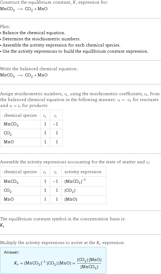 Construct the equilibrium constant, K, expression for: MnCO_3 ⟶ CO_2 + MnO Plan: • Balance the chemical equation. • Determine the stoichiometric numbers. • Assemble the activity expression for each chemical species. • Use the activity expressions to build the equilibrium constant expression. Write the balanced chemical equation: MnCO_3 ⟶ CO_2 + MnO Assign stoichiometric numbers, ν_i, using the stoichiometric coefficients, c_i, from the balanced chemical equation in the following manner: ν_i = -c_i for reactants and ν_i = c_i for products: chemical species | c_i | ν_i MnCO_3 | 1 | -1 CO_2 | 1 | 1 MnO | 1 | 1 Assemble the activity expressions accounting for the state of matter and ν_i: chemical species | c_i | ν_i | activity expression MnCO_3 | 1 | -1 | ([MnCO3])^(-1) CO_2 | 1 | 1 | [CO2] MnO | 1 | 1 | [MnO] The equilibrium constant symbol in the concentration basis is: K_c Mulitply the activity expressions to arrive at the K_c expression: Answer: |   | K_c = ([MnCO3])^(-1) [CO2] [MnO] = ([CO2] [MnO])/([MnCO3])