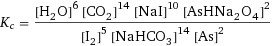 K_c = ([H2O]^6 [CO2]^14 [NaI]^10 [AsHNa2O4]^2)/([I2]^5 [NaHCO3]^14 [As]^2)
