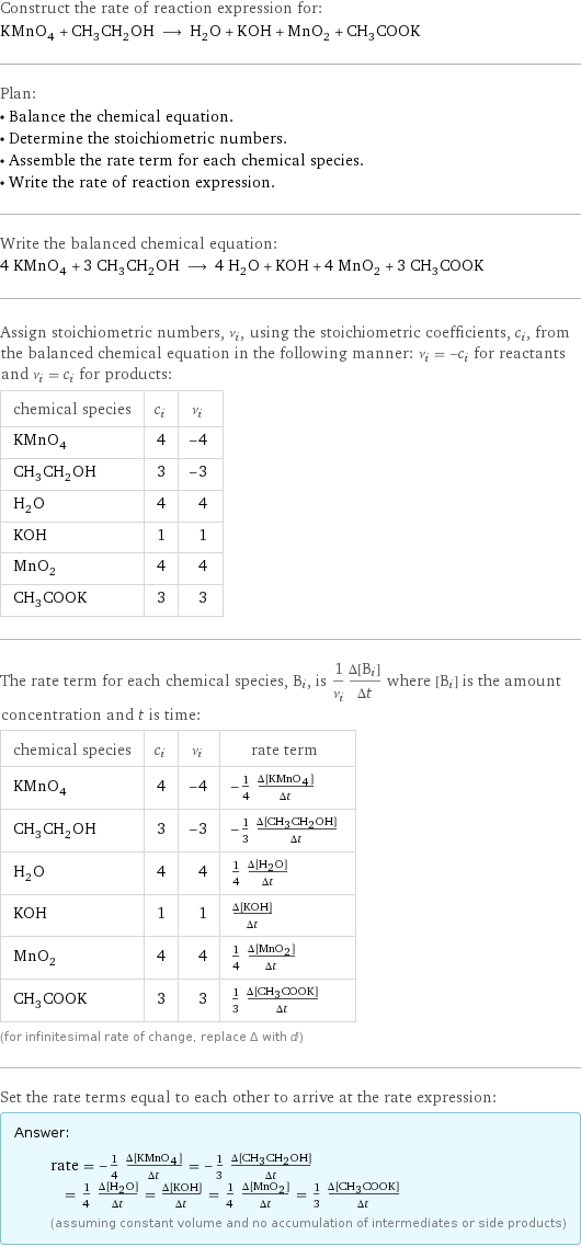 Construct the rate of reaction expression for: KMnO_4 + CH_3CH_2OH ⟶ H_2O + KOH + MnO_2 + CH_3COOK Plan: • Balance the chemical equation. • Determine the stoichiometric numbers. • Assemble the rate term for each chemical species. • Write the rate of reaction expression. Write the balanced chemical equation: 4 KMnO_4 + 3 CH_3CH_2OH ⟶ 4 H_2O + KOH + 4 MnO_2 + 3 CH_3COOK Assign stoichiometric numbers, ν_i, using the stoichiometric coefficients, c_i, from the balanced chemical equation in the following manner: ν_i = -c_i for reactants and ν_i = c_i for products: chemical species | c_i | ν_i KMnO_4 | 4 | -4 CH_3CH_2OH | 3 | -3 H_2O | 4 | 4 KOH | 1 | 1 MnO_2 | 4 | 4 CH_3COOK | 3 | 3 The rate term for each chemical species, B_i, is 1/ν_i(Δ[B_i])/(Δt) where [B_i] is the amount concentration and t is time: chemical species | c_i | ν_i | rate term KMnO_4 | 4 | -4 | -1/4 (Δ[KMnO4])/(Δt) CH_3CH_2OH | 3 | -3 | -1/3 (Δ[CH3CH2OH])/(Δt) H_2O | 4 | 4 | 1/4 (Δ[H2O])/(Δt) KOH | 1 | 1 | (Δ[KOH])/(Δt) MnO_2 | 4 | 4 | 1/4 (Δ[MnO2])/(Δt) CH_3COOK | 3 | 3 | 1/3 (Δ[CH3COOK])/(Δt) (for infinitesimal rate of change, replace Δ with d) Set the rate terms equal to each other to arrive at the rate expression: Answer: |   | rate = -1/4 (Δ[KMnO4])/(Δt) = -1/3 (Δ[CH3CH2OH])/(Δt) = 1/4 (Δ[H2O])/(Δt) = (Δ[KOH])/(Δt) = 1/4 (Δ[MnO2])/(Δt) = 1/3 (Δ[CH3COOK])/(Δt) (assuming constant volume and no accumulation of intermediates or side products)