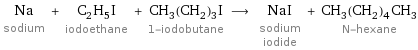 Na sodium + C_2H_5I iodoethane + CH_3(CH_2)_3I 1-iodobutane ⟶ NaI sodium iodide + CH_3(CH_2)_4CH_3 N-hexane