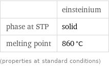  | einsteinium phase at STP | solid melting point | 860 °C (properties at standard conditions)