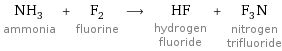 NH_3 ammonia + F_2 fluorine ⟶ HF hydrogen fluoride + F_3N nitrogen trifluoride