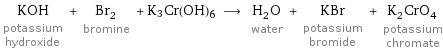 KOH potassium hydroxide + Br_2 bromine + K3Cr(OH)6 ⟶ H_2O water + KBr potassium bromide + K_2CrO_4 potassium chromate