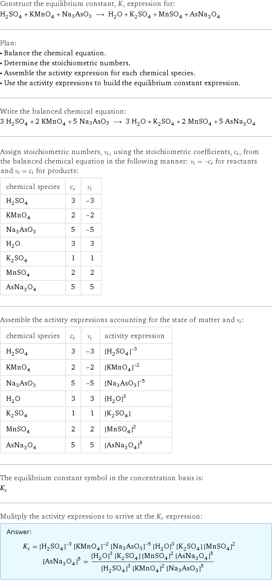 Construct the equilibrium constant, K, expression for: H_2SO_4 + KMnO_4 + Na3AsO3 ⟶ H_2O + K_2SO_4 + MnSO_4 + AsNa_3O_4 Plan: • Balance the chemical equation. • Determine the stoichiometric numbers. • Assemble the activity expression for each chemical species. • Use the activity expressions to build the equilibrium constant expression. Write the balanced chemical equation: 3 H_2SO_4 + 2 KMnO_4 + 5 Na3AsO3 ⟶ 3 H_2O + K_2SO_4 + 2 MnSO_4 + 5 AsNa_3O_4 Assign stoichiometric numbers, ν_i, using the stoichiometric coefficients, c_i, from the balanced chemical equation in the following manner: ν_i = -c_i for reactants and ν_i = c_i for products: chemical species | c_i | ν_i H_2SO_4 | 3 | -3 KMnO_4 | 2 | -2 Na3AsO3 | 5 | -5 H_2O | 3 | 3 K_2SO_4 | 1 | 1 MnSO_4 | 2 | 2 AsNa_3O_4 | 5 | 5 Assemble the activity expressions accounting for the state of matter and ν_i: chemical species | c_i | ν_i | activity expression H_2SO_4 | 3 | -3 | ([H2SO4])^(-3) KMnO_4 | 2 | -2 | ([KMnO4])^(-2) Na3AsO3 | 5 | -5 | ([Na3AsO3])^(-5) H_2O | 3 | 3 | ([H2O])^3 K_2SO_4 | 1 | 1 | [K2SO4] MnSO_4 | 2 | 2 | ([MnSO4])^2 AsNa_3O_4 | 5 | 5 | ([AsNa3O4])^5 The equilibrium constant symbol in the concentration basis is: K_c Mulitply the activity expressions to arrive at the K_c expression: Answer: |   | K_c = ([H2SO4])^(-3) ([KMnO4])^(-2) ([Na3AsO3])^(-5) ([H2O])^3 [K2SO4] ([MnSO4])^2 ([AsNa3O4])^5 = (([H2O])^3 [K2SO4] ([MnSO4])^2 ([AsNa3O4])^5)/(([H2SO4])^3 ([KMnO4])^2 ([Na3AsO3])^5)