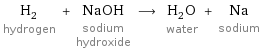 H_2 hydrogen + NaOH sodium hydroxide ⟶ H_2O water + Na sodium