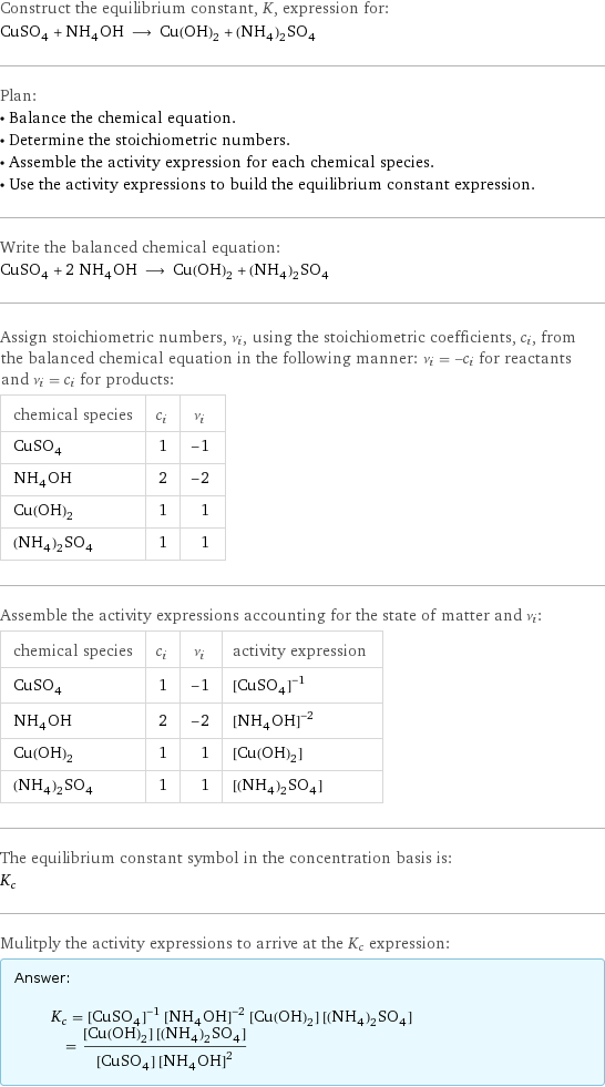 Construct the equilibrium constant, K, expression for: CuSO_4 + NH_4OH ⟶ Cu(OH)_2 + (NH_4)_2SO_4 Plan: • Balance the chemical equation. • Determine the stoichiometric numbers. • Assemble the activity expression for each chemical species. • Use the activity expressions to build the equilibrium constant expression. Write the balanced chemical equation: CuSO_4 + 2 NH_4OH ⟶ Cu(OH)_2 + (NH_4)_2SO_4 Assign stoichiometric numbers, ν_i, using the stoichiometric coefficients, c_i, from the balanced chemical equation in the following manner: ν_i = -c_i for reactants and ν_i = c_i for products: chemical species | c_i | ν_i CuSO_4 | 1 | -1 NH_4OH | 2 | -2 Cu(OH)_2 | 1 | 1 (NH_4)_2SO_4 | 1 | 1 Assemble the activity expressions accounting for the state of matter and ν_i: chemical species | c_i | ν_i | activity expression CuSO_4 | 1 | -1 | ([CuSO4])^(-1) NH_4OH | 2 | -2 | ([NH4OH])^(-2) Cu(OH)_2 | 1 | 1 | [Cu(OH)2] (NH_4)_2SO_4 | 1 | 1 | [(NH4)2SO4] The equilibrium constant symbol in the concentration basis is: K_c Mulitply the activity expressions to arrive at the K_c expression: Answer: |   | K_c = ([CuSO4])^(-1) ([NH4OH])^(-2) [Cu(OH)2] [(NH4)2SO4] = ([Cu(OH)2] [(NH4)2SO4])/([CuSO4] ([NH4OH])^2)