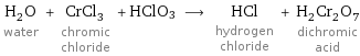 H_2O water + CrCl_3 chromic chloride + HClO3 ⟶ HCl hydrogen chloride + H_2Cr_2O_7 dichromic acid