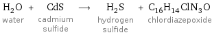 H_2O water + CdS cadmium sulfide ⟶ H_2S hydrogen sulfide + C_16H_14ClN_3O chlordiazepoxide