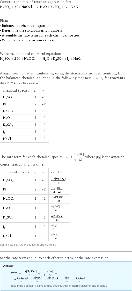 Construct the rate of reaction expression for: H_2SO_4 + KI + NaOCl ⟶ H_2O + K_2SO_4 + I_2 + NaCl Plan: • Balance the chemical equation. • Determine the stoichiometric numbers. • Assemble the rate term for each chemical species. • Write the rate of reaction expression. Write the balanced chemical equation: H_2SO_4 + 2 KI + NaOCl ⟶ H_2O + K_2SO_4 + I_2 + NaCl Assign stoichiometric numbers, ν_i, using the stoichiometric coefficients, c_i, from the balanced chemical equation in the following manner: ν_i = -c_i for reactants and ν_i = c_i for products: chemical species | c_i | ν_i H_2SO_4 | 1 | -1 KI | 2 | -2 NaOCl | 1 | -1 H_2O | 1 | 1 K_2SO_4 | 1 | 1 I_2 | 1 | 1 NaCl | 1 | 1 The rate term for each chemical species, B_i, is 1/ν_i(Δ[B_i])/(Δt) where [B_i] is the amount concentration and t is time: chemical species | c_i | ν_i | rate term H_2SO_4 | 1 | -1 | -(Δ[H2SO4])/(Δt) KI | 2 | -2 | -1/2 (Δ[KI])/(Δt) NaOCl | 1 | -1 | -(Δ[NaOCl])/(Δt) H_2O | 1 | 1 | (Δ[H2O])/(Δt) K_2SO_4 | 1 | 1 | (Δ[K2SO4])/(Δt) I_2 | 1 | 1 | (Δ[I2])/(Δt) NaCl | 1 | 1 | (Δ[NaCl])/(Δt) (for infinitesimal rate of change, replace Δ with d) Set the rate terms equal to each other to arrive at the rate expression: Answer: |   | rate = -(Δ[H2SO4])/(Δt) = -1/2 (Δ[KI])/(Δt) = -(Δ[NaOCl])/(Δt) = (Δ[H2O])/(Δt) = (Δ[K2SO4])/(Δt) = (Δ[I2])/(Δt) = (Δ[NaCl])/(Δt) (assuming constant volume and no accumulation of intermediates or side products)