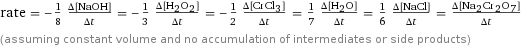 rate = -1/8 (Δ[NaOH])/(Δt) = -1/3 (Δ[H2O2])/(Δt) = -1/2 (Δ[CrCl3])/(Δt) = 1/7 (Δ[H2O])/(Δt) = 1/6 (Δ[NaCl])/(Δt) = (Δ[Na2Cr2O7])/(Δt) (assuming constant volume and no accumulation of intermediates or side products)