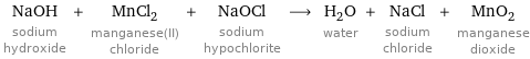 NaOH sodium hydroxide + MnCl_2 manganese(II) chloride + NaOCl sodium hypochlorite ⟶ H_2O water + NaCl sodium chloride + MnO_2 manganese dioxide