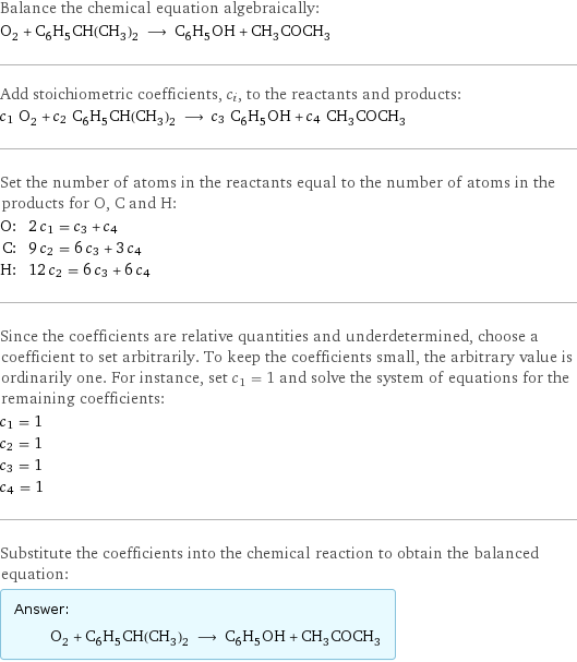 Balance the chemical equation algebraically: O_2 + C_6H_5CH(CH_3)_2 ⟶ C_6H_5OH + CH_3COCH_3 Add stoichiometric coefficients, c_i, to the reactants and products: c_1 O_2 + c_2 C_6H_5CH(CH_3)_2 ⟶ c_3 C_6H_5OH + c_4 CH_3COCH_3 Set the number of atoms in the reactants equal to the number of atoms in the products for O, C and H: O: | 2 c_1 = c_3 + c_4 C: | 9 c_2 = 6 c_3 + 3 c_4 H: | 12 c_2 = 6 c_3 + 6 c_4 Since the coefficients are relative quantities and underdetermined, choose a coefficient to set arbitrarily. To keep the coefficients small, the arbitrary value is ordinarily one. For instance, set c_1 = 1 and solve the system of equations for the remaining coefficients: c_1 = 1 c_2 = 1 c_3 = 1 c_4 = 1 Substitute the coefficients into the chemical reaction to obtain the balanced equation: Answer: |   | O_2 + C_6H_5CH(CH_3)_2 ⟶ C_6H_5OH + CH_3COCH_3