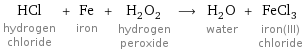 HCl hydrogen chloride + Fe iron + H_2O_2 hydrogen peroxide ⟶ H_2O water + FeCl_3 iron(III) chloride