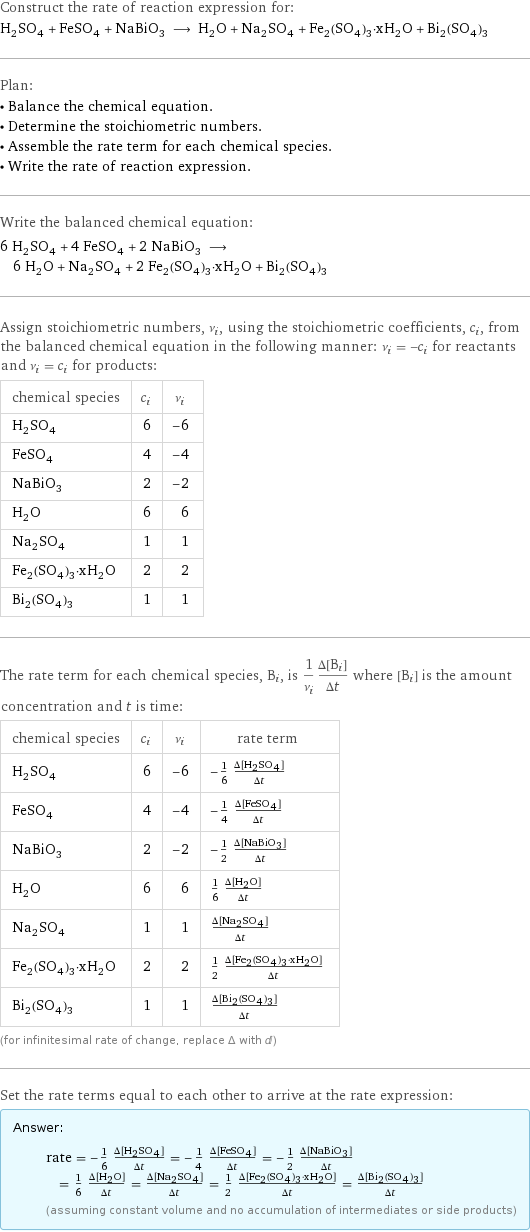 Construct the rate of reaction expression for: H_2SO_4 + FeSO_4 + NaBiO_3 ⟶ H_2O + Na_2SO_4 + Fe_2(SO_4)_3·xH_2O + Bi_2(SO_4)_3 Plan: • Balance the chemical equation. • Determine the stoichiometric numbers. • Assemble the rate term for each chemical species. • Write the rate of reaction expression. Write the balanced chemical equation: 6 H_2SO_4 + 4 FeSO_4 + 2 NaBiO_3 ⟶ 6 H_2O + Na_2SO_4 + 2 Fe_2(SO_4)_3·xH_2O + Bi_2(SO_4)_3 Assign stoichiometric numbers, ν_i, using the stoichiometric coefficients, c_i, from the balanced chemical equation in the following manner: ν_i = -c_i for reactants and ν_i = c_i for products: chemical species | c_i | ν_i H_2SO_4 | 6 | -6 FeSO_4 | 4 | -4 NaBiO_3 | 2 | -2 H_2O | 6 | 6 Na_2SO_4 | 1 | 1 Fe_2(SO_4)_3·xH_2O | 2 | 2 Bi_2(SO_4)_3 | 1 | 1 The rate term for each chemical species, B_i, is 1/ν_i(Δ[B_i])/(Δt) where [B_i] is the amount concentration and t is time: chemical species | c_i | ν_i | rate term H_2SO_4 | 6 | -6 | -1/6 (Δ[H2SO4])/(Δt) FeSO_4 | 4 | -4 | -1/4 (Δ[FeSO4])/(Δt) NaBiO_3 | 2 | -2 | -1/2 (Δ[NaBiO3])/(Δt) H_2O | 6 | 6 | 1/6 (Δ[H2O])/(Δt) Na_2SO_4 | 1 | 1 | (Δ[Na2SO4])/(Δt) Fe_2(SO_4)_3·xH_2O | 2 | 2 | 1/2 (Δ[Fe2(SO4)3·xH2O])/(Δt) Bi_2(SO_4)_3 | 1 | 1 | (Δ[Bi2(SO4)3])/(Δt) (for infinitesimal rate of change, replace Δ with d) Set the rate terms equal to each other to arrive at the rate expression: Answer: |   | rate = -1/6 (Δ[H2SO4])/(Δt) = -1/4 (Δ[FeSO4])/(Δt) = -1/2 (Δ[NaBiO3])/(Δt) = 1/6 (Δ[H2O])/(Δt) = (Δ[Na2SO4])/(Δt) = 1/2 (Δ[Fe2(SO4)3·xH2O])/(Δt) = (Δ[Bi2(SO4)3])/(Δt) (assuming constant volume and no accumulation of intermediates or side products)