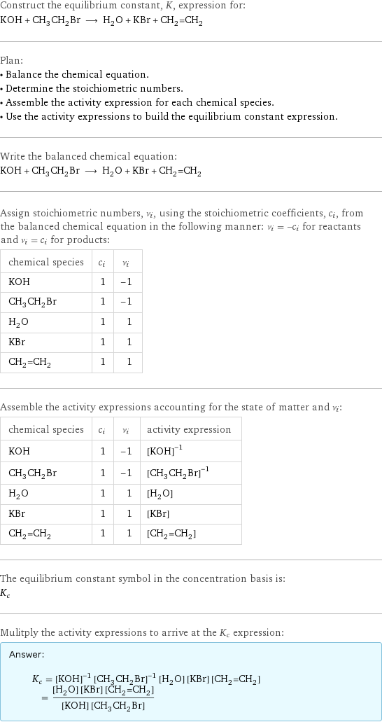 Construct the equilibrium constant, K, expression for: KOH + CH_3CH_2Br ⟶ H_2O + KBr + CH_2=CH_2 Plan: • Balance the chemical equation. • Determine the stoichiometric numbers. • Assemble the activity expression for each chemical species. • Use the activity expressions to build the equilibrium constant expression. Write the balanced chemical equation: KOH + CH_3CH_2Br ⟶ H_2O + KBr + CH_2=CH_2 Assign stoichiometric numbers, ν_i, using the stoichiometric coefficients, c_i, from the balanced chemical equation in the following manner: ν_i = -c_i for reactants and ν_i = c_i for products: chemical species | c_i | ν_i KOH | 1 | -1 CH_3CH_2Br | 1 | -1 H_2O | 1 | 1 KBr | 1 | 1 CH_2=CH_2 | 1 | 1 Assemble the activity expressions accounting for the state of matter and ν_i: chemical species | c_i | ν_i | activity expression KOH | 1 | -1 | ([KOH])^(-1) CH_3CH_2Br | 1 | -1 | ([CH3CH2Br])^(-1) H_2O | 1 | 1 | [H2O] KBr | 1 | 1 | [KBr] CH_2=CH_2 | 1 | 1 | [CH2=CH2] The equilibrium constant symbol in the concentration basis is: K_c Mulitply the activity expressions to arrive at the K_c expression: Answer: |   | K_c = ([KOH])^(-1) ([CH3CH2Br])^(-1) [H2O] [KBr] [CH2=CH2] = ([H2O] [KBr] [CH2=CH2])/([KOH] [CH3CH2Br])