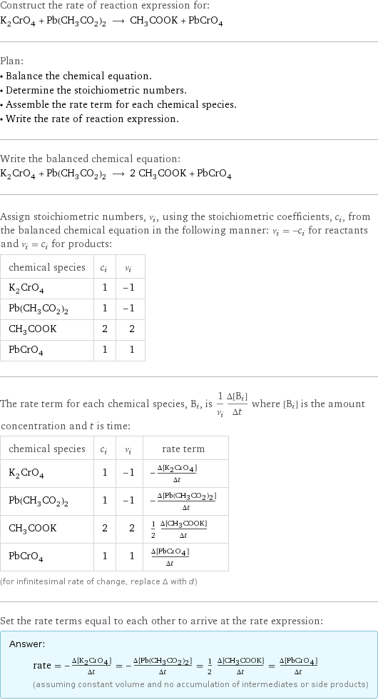Construct the rate of reaction expression for: K_2CrO_4 + Pb(CH_3CO_2)_2 ⟶ CH_3COOK + PbCrO_4 Plan: • Balance the chemical equation. • Determine the stoichiometric numbers. • Assemble the rate term for each chemical species. • Write the rate of reaction expression. Write the balanced chemical equation: K_2CrO_4 + Pb(CH_3CO_2)_2 ⟶ 2 CH_3COOK + PbCrO_4 Assign stoichiometric numbers, ν_i, using the stoichiometric coefficients, c_i, from the balanced chemical equation in the following manner: ν_i = -c_i for reactants and ν_i = c_i for products: chemical species | c_i | ν_i K_2CrO_4 | 1 | -1 Pb(CH_3CO_2)_2 | 1 | -1 CH_3COOK | 2 | 2 PbCrO_4 | 1 | 1 The rate term for each chemical species, B_i, is 1/ν_i(Δ[B_i])/(Δt) where [B_i] is the amount concentration and t is time: chemical species | c_i | ν_i | rate term K_2CrO_4 | 1 | -1 | -(Δ[K2CrO4])/(Δt) Pb(CH_3CO_2)_2 | 1 | -1 | -(Δ[Pb(CH3CO2)2])/(Δt) CH_3COOK | 2 | 2 | 1/2 (Δ[CH3COOK])/(Δt) PbCrO_4 | 1 | 1 | (Δ[PbCrO4])/(Δt) (for infinitesimal rate of change, replace Δ with d) Set the rate terms equal to each other to arrive at the rate expression: Answer: |   | rate = -(Δ[K2CrO4])/(Δt) = -(Δ[Pb(CH3CO2)2])/(Δt) = 1/2 (Δ[CH3COOK])/(Δt) = (Δ[PbCrO4])/(Δt) (assuming constant volume and no accumulation of intermediates or side products)