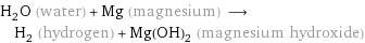 H_2O (water) + Mg (magnesium) ⟶ H_2 (hydrogen) + Mg(OH)_2 (magnesium hydroxide)