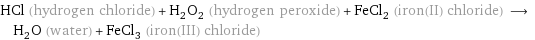 HCl (hydrogen chloride) + H_2O_2 (hydrogen peroxide) + FeCl_2 (iron(II) chloride) ⟶ H_2O (water) + FeCl_3 (iron(III) chloride)