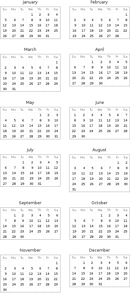 January Su | Mo | Tu | We | Th | Fr | Sa  | | | 1 | 2 | 3 | 4 5 | 6 | 7 | 8 | 9 | 10 | 11 12 | 13 | 14 | 15 | 16 | 17 | 18 19 | 20 | 21 | 22 | 23 | 24 | 25 26 | 27 | 28 | 29 | 30 | 31 | | February Su | Mo | Tu | We | Th | Fr | Sa  | | | | | | 1 2 | 3 | 4 | 5 | 6 | 7 | 8 9 | 10 | 11 | 12 | 13 | 14 | 15 16 | 17 | 18 | 19 | 20 | 21 | 22 23 | 24 | 25 | 26 | 27 | 28 |  March Su | Mo | Tu | We | Th | Fr | Sa  | | | | | | 1 2 | 3 | 4 | 5 | 6 | 7 | 8 9 | 10 | 11 | 12 | 13 | 14 | 15 16 | 17 | 18 | 19 | 20 | 21 | 22 23 | 24 | 25 | 26 | 27 | 28 | 29 30 | 31 | | | | | | April Su | Mo | Tu | We | Th | Fr | Sa  | | 1 | 2 | 3 | 4 | 5 6 | 7 | 8 | 9 | 10 | 11 | 12 13 | 14 | 15 | 16 | 17 | 18 | 19 20 | 21 | 22 | 23 | 24 | 25 | 26 27 | 28 | 29 | 30 | | |  May Su | Mo | Tu | We | Th | Fr | Sa  | | | | 1 | 2 | 3 4 | 5 | 6 | 7 | 8 | 9 | 10 11 | 12 | 13 | 14 | 15 | 16 | 17 18 | 19 | 20 | 21 | 22 | 23 | 24 25 | 26 | 27 | 28 | 29 | 30 | 31 | June Su | Mo | Tu | We | Th | Fr | Sa 1 | 2 | 3 | 4 | 5 | 6 | 7 8 | 9 | 10 | 11 | 12 | 13 | 14 15 | 16 | 17 | 18 | 19 | 20 | 21 22 | 23 | 24 | 25 | 26 | 27 | 28 29 | 30 | | | | |  July Su | Mo | Tu | We | Th | Fr | Sa  | | 1 | 2 | 3 | 4 | 5 6 | 7 | 8 | 9 | 10 | 11 | 12 13 | 14 | 15 | 16 | 17 | 18 | 19 20 | 21 | 22 | 23 | 24 | 25 | 26 27 | 28 | 29 | 30 | 31 | | | August Su | Mo | Tu | We | Th | Fr | Sa  | | | | | 1 | 2 3 | 4 | 5 | 6 | 7 | 8 | 9 10 | 11 | 12 | 13 | 14 | 15 | 16 17 | 18 | 19 | 20 | 21 | 22 | 23 24 | 25 | 26 | 27 | 28 | 29 | 30 31 | | | | | |  September Su | Mo | Tu | We | Th | Fr | Sa  | 1 | 2 | 3 | 4 | 5 | 6 7 | 8 | 9 | 10 | 11 | 12 | 13 14 | 15 | 16 | 17 | 18 | 19 | 20 21 | 22 | 23 | 24 | 25 | 26 | 27 28 | 29 | 30 | | | | | October Su | Mo | Tu | We | Th | Fr | Sa  | | | 1 | 2 | 3 | 4 5 | 6 | 7 | 8 | 9 | 10 | 11 12 | 13 | 14 | 15 | 16 | 17 | 18 19 | 20 | 21 | 22 | 23 | 24 | 25 26 | 27 | 28 | 29 | 30 | 31 |  November Su | Mo | Tu | We | Th | Fr | Sa  | | | | | | 1 2 | 3 | 4 | 5 | 6 | 7 | 8 9 | 10 | 11 | 12 | 13 | 14 | 15 16 | 17 | 18 | 19 | 20 | 21 | 22 23 | 24 | 25 | 26 | 27 | 28 | 29 30 | | | | | | | December Su | Mo | Tu | We | Th | Fr | Sa  | 1 | 2 | 3 | 4 | 5 | 6 7 | 8 | 9 | 10 | 11 | 12 | 13 14 | 15 | 16 | 17 | 18 | 19 | 20 21 | 22 | 23 | 24 | 25 | 26 | 27 28 | 29 | 30 | 31 | | | 