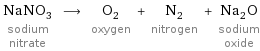 NaNO_3 sodium nitrate ⟶ O_2 oxygen + N_2 nitrogen + Na_2O sodium oxide