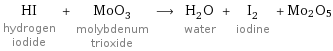 HI hydrogen iodide + MoO_3 molybdenum trioxide ⟶ H_2O water + I_2 iodine + Mo2O5