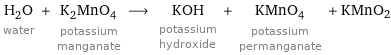 H_2O water + K_2MnO_4 potassium manganate ⟶ KOH potassium hydroxide + KMnO_4 potassium permanganate + KMnO2