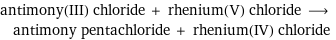 antimony(III) chloride + rhenium(V) chloride ⟶ antimony pentachloride + rhenium(IV) chloride