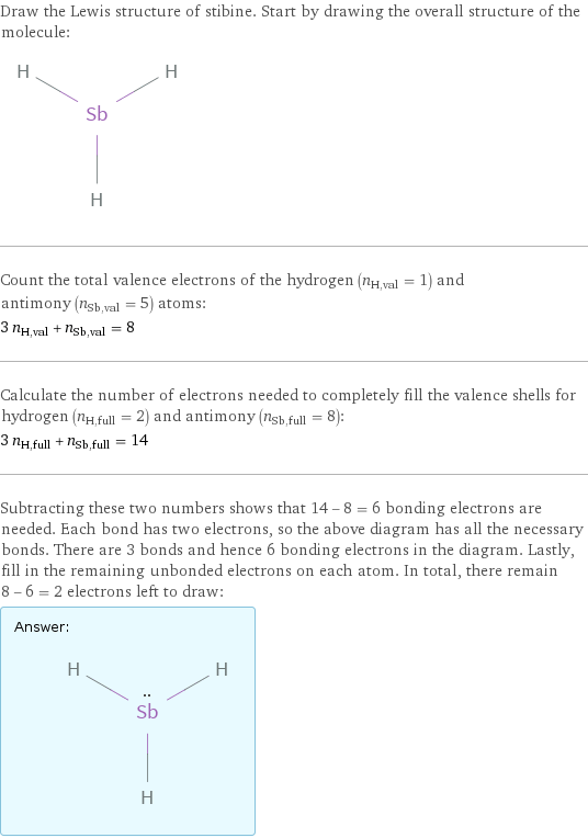 Draw the Lewis structure of stibine. Start by drawing the overall structure of the molecule:  Count the total valence electrons of the hydrogen (n_H, val = 1) and antimony (n_Sb, val = 5) atoms: 3 n_H, val + n_Sb, val = 8 Calculate the number of electrons needed to completely fill the valence shells for hydrogen (n_H, full = 2) and antimony (n_Sb, full = 8): 3 n_H, full + n_Sb, full = 14 Subtracting these two numbers shows that 14 - 8 = 6 bonding electrons are needed. Each bond has two electrons, so the above diagram has all the necessary bonds. There are 3 bonds and hence 6 bonding electrons in the diagram. Lastly, fill in the remaining unbonded electrons on each atom. In total, there remain 8 - 6 = 2 electrons left to draw: Answer: |   | 