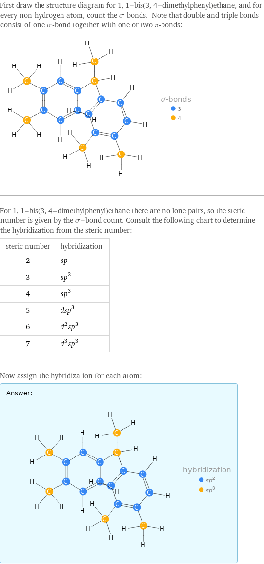 First draw the structure diagram for 1, 1-bis(3, 4-dimethylphenyl)ethane, and for every non-hydrogen atom, count the σ-bonds. Note that double and triple bonds consist of one σ-bond together with one or two π-bonds:  For 1, 1-bis(3, 4-dimethylphenyl)ethane there are no lone pairs, so the steric number is given by the σ-bond count. Consult the following chart to determine the hybridization from the steric number: steric number | hybridization 2 | sp 3 | sp^2 4 | sp^3 5 | dsp^3 6 | d^2sp^3 7 | d^3sp^3 Now assign the hybridization for each atom: Answer: |   | 