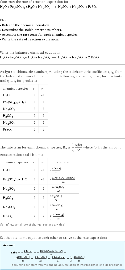 Construct the rate of reaction expression for: H_2O + Fe_2(SO_4)_3·xH_2O + Na_2SO_3 ⟶ H_2SO_4 + Na_2SO_4 + FeSO_4 Plan: • Balance the chemical equation. • Determine the stoichiometric numbers. • Assemble the rate term for each chemical species. • Write the rate of reaction expression. Write the balanced chemical equation: H_2O + Fe_2(SO_4)_3·xH_2O + Na_2SO_3 ⟶ H_2SO_4 + Na_2SO_4 + 2 FeSO_4 Assign stoichiometric numbers, ν_i, using the stoichiometric coefficients, c_i, from the balanced chemical equation in the following manner: ν_i = -c_i for reactants and ν_i = c_i for products: chemical species | c_i | ν_i H_2O | 1 | -1 Fe_2(SO_4)_3·xH_2O | 1 | -1 Na_2SO_3 | 1 | -1 H_2SO_4 | 1 | 1 Na_2SO_4 | 1 | 1 FeSO_4 | 2 | 2 The rate term for each chemical species, B_i, is 1/ν_i(Δ[B_i])/(Δt) where [B_i] is the amount concentration and t is time: chemical species | c_i | ν_i | rate term H_2O | 1 | -1 | -(Δ[H2O])/(Δt) Fe_2(SO_4)_3·xH_2O | 1 | -1 | -(Δ[Fe2(SO4)3·xH2O])/(Δt) Na_2SO_3 | 1 | -1 | -(Δ[Na2SO3])/(Δt) H_2SO_4 | 1 | 1 | (Δ[H2SO4])/(Δt) Na_2SO_4 | 1 | 1 | (Δ[Na2SO4])/(Δt) FeSO_4 | 2 | 2 | 1/2 (Δ[FeSO4])/(Δt) (for infinitesimal rate of change, replace Δ with d) Set the rate terms equal to each other to arrive at the rate expression: Answer: |   | rate = -(Δ[H2O])/(Δt) = -(Δ[Fe2(SO4)3·xH2O])/(Δt) = -(Δ[Na2SO3])/(Δt) = (Δ[H2SO4])/(Δt) = (Δ[Na2SO4])/(Δt) = 1/2 (Δ[FeSO4])/(Δt) (assuming constant volume and no accumulation of intermediates or side products)