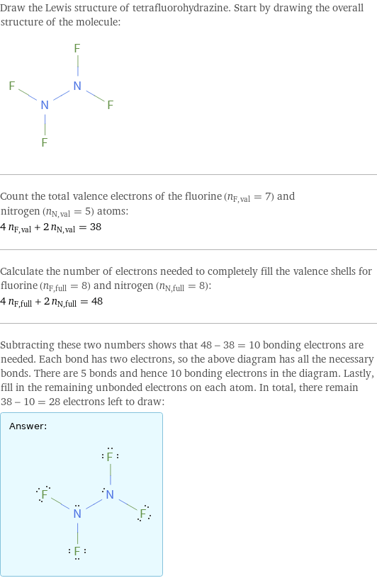 Draw the Lewis structure of tetrafluorohydrazine. Start by drawing the overall structure of the molecule:  Count the total valence electrons of the fluorine (n_F, val = 7) and nitrogen (n_N, val = 5) atoms: 4 n_F, val + 2 n_N, val = 38 Calculate the number of electrons needed to completely fill the valence shells for fluorine (n_F, full = 8) and nitrogen (n_N, full = 8): 4 n_F, full + 2 n_N, full = 48 Subtracting these two numbers shows that 48 - 38 = 10 bonding electrons are needed. Each bond has two electrons, so the above diagram has all the necessary bonds. There are 5 bonds and hence 10 bonding electrons in the diagram. Lastly, fill in the remaining unbonded electrons on each atom. In total, there remain 38 - 10 = 28 electrons left to draw: Answer: |   | 