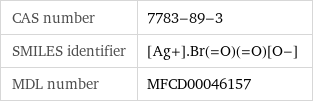 CAS number | 7783-89-3 SMILES identifier | [Ag+].Br(=O)(=O)[O-] MDL number | MFCD00046157