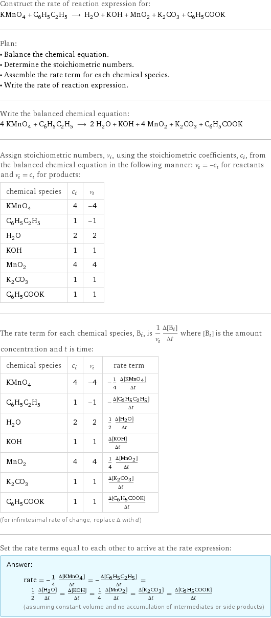 Construct the rate of reaction expression for: KMnO_4 + C_6H_5C_2H_5 ⟶ H_2O + KOH + MnO_2 + K_2CO_3 + C_6H_5COOK Plan: • Balance the chemical equation. • Determine the stoichiometric numbers. • Assemble the rate term for each chemical species. • Write the rate of reaction expression. Write the balanced chemical equation: 4 KMnO_4 + C_6H_5C_2H_5 ⟶ 2 H_2O + KOH + 4 MnO_2 + K_2CO_3 + C_6H_5COOK Assign stoichiometric numbers, ν_i, using the stoichiometric coefficients, c_i, from the balanced chemical equation in the following manner: ν_i = -c_i for reactants and ν_i = c_i for products: chemical species | c_i | ν_i KMnO_4 | 4 | -4 C_6H_5C_2H_5 | 1 | -1 H_2O | 2 | 2 KOH | 1 | 1 MnO_2 | 4 | 4 K_2CO_3 | 1 | 1 C_6H_5COOK | 1 | 1 The rate term for each chemical species, B_i, is 1/ν_i(Δ[B_i])/(Δt) where [B_i] is the amount concentration and t is time: chemical species | c_i | ν_i | rate term KMnO_4 | 4 | -4 | -1/4 (Δ[KMnO4])/(Δt) C_6H_5C_2H_5 | 1 | -1 | -(Δ[C6H5C2H5])/(Δt) H_2O | 2 | 2 | 1/2 (Δ[H2O])/(Δt) KOH | 1 | 1 | (Δ[KOH])/(Δt) MnO_2 | 4 | 4 | 1/4 (Δ[MnO2])/(Δt) K_2CO_3 | 1 | 1 | (Δ[K2CO3])/(Δt) C_6H_5COOK | 1 | 1 | (Δ[C6H5COOK])/(Δt) (for infinitesimal rate of change, replace Δ with d) Set the rate terms equal to each other to arrive at the rate expression: Answer: |   | rate = -1/4 (Δ[KMnO4])/(Δt) = -(Δ[C6H5C2H5])/(Δt) = 1/2 (Δ[H2O])/(Δt) = (Δ[KOH])/(Δt) = 1/4 (Δ[MnO2])/(Δt) = (Δ[K2CO3])/(Δt) = (Δ[C6H5COOK])/(Δt) (assuming constant volume and no accumulation of intermediates or side products)