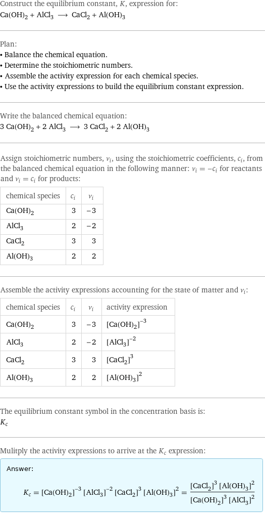 Construct the equilibrium constant, K, expression for: Ca(OH)_2 + AlCl_3 ⟶ CaCl_2 + Al(OH)_3 Plan: • Balance the chemical equation. • Determine the stoichiometric numbers. • Assemble the activity expression for each chemical species. • Use the activity expressions to build the equilibrium constant expression. Write the balanced chemical equation: 3 Ca(OH)_2 + 2 AlCl_3 ⟶ 3 CaCl_2 + 2 Al(OH)_3 Assign stoichiometric numbers, ν_i, using the stoichiometric coefficients, c_i, from the balanced chemical equation in the following manner: ν_i = -c_i for reactants and ν_i = c_i for products: chemical species | c_i | ν_i Ca(OH)_2 | 3 | -3 AlCl_3 | 2 | -2 CaCl_2 | 3 | 3 Al(OH)_3 | 2 | 2 Assemble the activity expressions accounting for the state of matter and ν_i: chemical species | c_i | ν_i | activity expression Ca(OH)_2 | 3 | -3 | ([Ca(OH)2])^(-3) AlCl_3 | 2 | -2 | ([AlCl3])^(-2) CaCl_2 | 3 | 3 | ([CaCl2])^3 Al(OH)_3 | 2 | 2 | ([Al(OH)3])^2 The equilibrium constant symbol in the concentration basis is: K_c Mulitply the activity expressions to arrive at the K_c expression: Answer: |   | K_c = ([Ca(OH)2])^(-3) ([AlCl3])^(-2) ([CaCl2])^3 ([Al(OH)3])^2 = (([CaCl2])^3 ([Al(OH)3])^2)/(([Ca(OH)2])^3 ([AlCl3])^2)