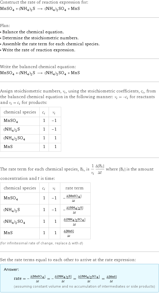 Construct the rate of reaction expression for: MnSO_4 + (NH_4)_2S ⟶ (NH_4)_2SO_4 + MnS Plan: • Balance the chemical equation. • Determine the stoichiometric numbers. • Assemble the rate term for each chemical species. • Write the rate of reaction expression. Write the balanced chemical equation: MnSO_4 + (NH_4)_2S ⟶ (NH_4)_2SO_4 + MnS Assign stoichiometric numbers, ν_i, using the stoichiometric coefficients, c_i, from the balanced chemical equation in the following manner: ν_i = -c_i for reactants and ν_i = c_i for products: chemical species | c_i | ν_i MnSO_4 | 1 | -1 (NH_4)_2S | 1 | -1 (NH_4)_2SO_4 | 1 | 1 MnS | 1 | 1 The rate term for each chemical species, B_i, is 1/ν_i(Δ[B_i])/(Δt) where [B_i] is the amount concentration and t is time: chemical species | c_i | ν_i | rate term MnSO_4 | 1 | -1 | -(Δ[MnSO4])/(Δt) (NH_4)_2S | 1 | -1 | -(Δ[(NH4)2S])/(Δt) (NH_4)_2SO_4 | 1 | 1 | (Δ[(NH4)2SO4])/(Δt) MnS | 1 | 1 | (Δ[MnS])/(Δt) (for infinitesimal rate of change, replace Δ with d) Set the rate terms equal to each other to arrive at the rate expression: Answer: |   | rate = -(Δ[MnSO4])/(Δt) = -(Δ[(NH4)2S])/(Δt) = (Δ[(NH4)2SO4])/(Δt) = (Δ[MnS])/(Δt) (assuming constant volume and no accumulation of intermediates or side products)