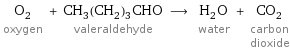 O_2 oxygen + CH_3(CH_2)_3CHO valeraldehyde ⟶ H_2O water + CO_2 carbon dioxide