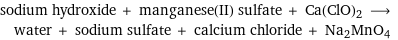 sodium hydroxide + manganese(II) sulfate + Ca(ClO)2 ⟶ water + sodium sulfate + calcium chloride + Na2MnO4
