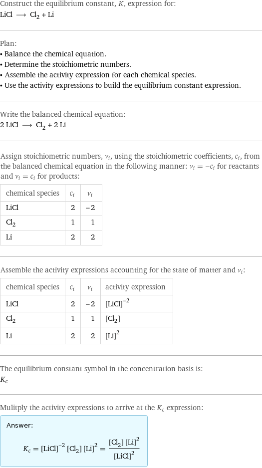 Construct the equilibrium constant, K, expression for: LiCl ⟶ Cl_2 + Li Plan: • Balance the chemical equation. • Determine the stoichiometric numbers. • Assemble the activity expression for each chemical species. • Use the activity expressions to build the equilibrium constant expression. Write the balanced chemical equation: 2 LiCl ⟶ Cl_2 + 2 Li Assign stoichiometric numbers, ν_i, using the stoichiometric coefficients, c_i, from the balanced chemical equation in the following manner: ν_i = -c_i for reactants and ν_i = c_i for products: chemical species | c_i | ν_i LiCl | 2 | -2 Cl_2 | 1 | 1 Li | 2 | 2 Assemble the activity expressions accounting for the state of matter and ν_i: chemical species | c_i | ν_i | activity expression LiCl | 2 | -2 | ([LiCl])^(-2) Cl_2 | 1 | 1 | [Cl2] Li | 2 | 2 | ([Li])^2 The equilibrium constant symbol in the concentration basis is: K_c Mulitply the activity expressions to arrive at the K_c expression: Answer: |   | K_c = ([LiCl])^(-2) [Cl2] ([Li])^2 = ([Cl2] ([Li])^2)/([LiCl])^2