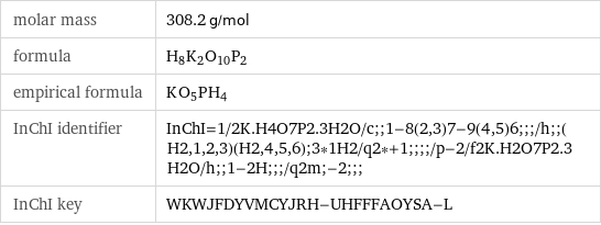 molar mass | 308.2 g/mol formula | H_8K_2O_10P_2 empirical formula | K_O_5P_H_4 InChI identifier | InChI=1/2K.H4O7P2.3H2O/c;;1-8(2, 3)7-9(4, 5)6;;;/h;;(H2, 1, 2, 3)(H2, 4, 5, 6);3*1H2/q2*+1;;;;/p-2/f2K.H2O7P2.3H2O/h;;1-2H;;;/q2m;-2;;; InChI key | WKWJFDYVMCYJRH-UHFFFAOYSA-L