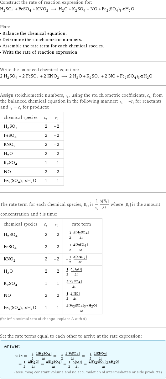 Construct the rate of reaction expression for: H_2SO_4 + FeSO_4 + KNO_2 ⟶ H_2O + K_2SO_4 + NO + Fe_2(SO_4)_3·xH_2O Plan: • Balance the chemical equation. • Determine the stoichiometric numbers. • Assemble the rate term for each chemical species. • Write the rate of reaction expression. Write the balanced chemical equation: 2 H_2SO_4 + 2 FeSO_4 + 2 KNO_2 ⟶ 2 H_2O + K_2SO_4 + 2 NO + Fe_2(SO_4)_3·xH_2O Assign stoichiometric numbers, ν_i, using the stoichiometric coefficients, c_i, from the balanced chemical equation in the following manner: ν_i = -c_i for reactants and ν_i = c_i for products: chemical species | c_i | ν_i H_2SO_4 | 2 | -2 FeSO_4 | 2 | -2 KNO_2 | 2 | -2 H_2O | 2 | 2 K_2SO_4 | 1 | 1 NO | 2 | 2 Fe_2(SO_4)_3·xH_2O | 1 | 1 The rate term for each chemical species, B_i, is 1/ν_i(Δ[B_i])/(Δt) where [B_i] is the amount concentration and t is time: chemical species | c_i | ν_i | rate term H_2SO_4 | 2 | -2 | -1/2 (Δ[H2SO4])/(Δt) FeSO_4 | 2 | -2 | -1/2 (Δ[FeSO4])/(Δt) KNO_2 | 2 | -2 | -1/2 (Δ[KNO2])/(Δt) H_2O | 2 | 2 | 1/2 (Δ[H2O])/(Δt) K_2SO_4 | 1 | 1 | (Δ[K2SO4])/(Δt) NO | 2 | 2 | 1/2 (Δ[NO])/(Δt) Fe_2(SO_4)_3·xH_2O | 1 | 1 | (Δ[Fe2(SO4)3·xH2O])/(Δt) (for infinitesimal rate of change, replace Δ with d) Set the rate terms equal to each other to arrive at the rate expression: Answer: |   | rate = -1/2 (Δ[H2SO4])/(Δt) = -1/2 (Δ[FeSO4])/(Δt) = -1/2 (Δ[KNO2])/(Δt) = 1/2 (Δ[H2O])/(Δt) = (Δ[K2SO4])/(Δt) = 1/2 (Δ[NO])/(Δt) = (Δ[Fe2(SO4)3·xH2O])/(Δt) (assuming constant volume and no accumulation of intermediates or side products)