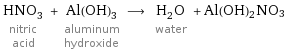 HNO_3 nitric acid + Al(OH)_3 aluminum hydroxide ⟶ H_2O water + Al(OH)2NO3