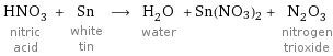 HNO_3 nitric acid + Sn white tin ⟶ H_2O water + Sn(NO3)2 + N_2O_3 nitrogen trioxide