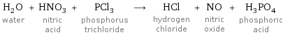 H_2O water + HNO_3 nitric acid + PCl_3 phosphorus trichloride ⟶ HCl hydrogen chloride + NO nitric oxide + H_3PO_4 phosphoric acid