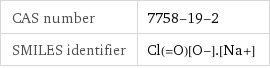 CAS number | 7758-19-2 SMILES identifier | Cl(=O)[O-].[Na+]