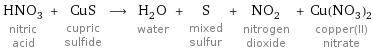 HNO_3 nitric acid + CuS cupric sulfide ⟶ H_2O water + S mixed sulfur + NO_2 nitrogen dioxide + Cu(NO_3)_2 copper(II) nitrate