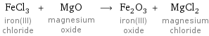 FeCl_3 iron(III) chloride + MgO magnesium oxide ⟶ Fe_2O_3 iron(III) oxide + MgCl_2 magnesium chloride