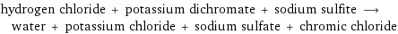 hydrogen chloride + potassium dichromate + sodium sulfite ⟶ water + potassium chloride + sodium sulfate + chromic chloride