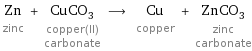 Zn zinc + CuCO_3 copper(II) carbonate ⟶ Cu copper + ZnCO_3 zinc carbonate